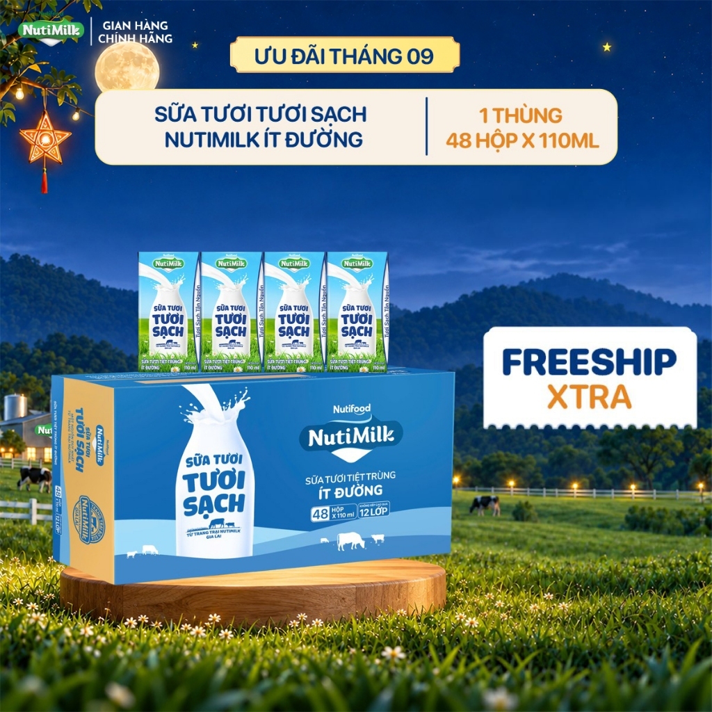 Thùng 48 Hộp Sữa Tươi Tươi Sạch NutiMilk 110ml/hộp Ít Đường