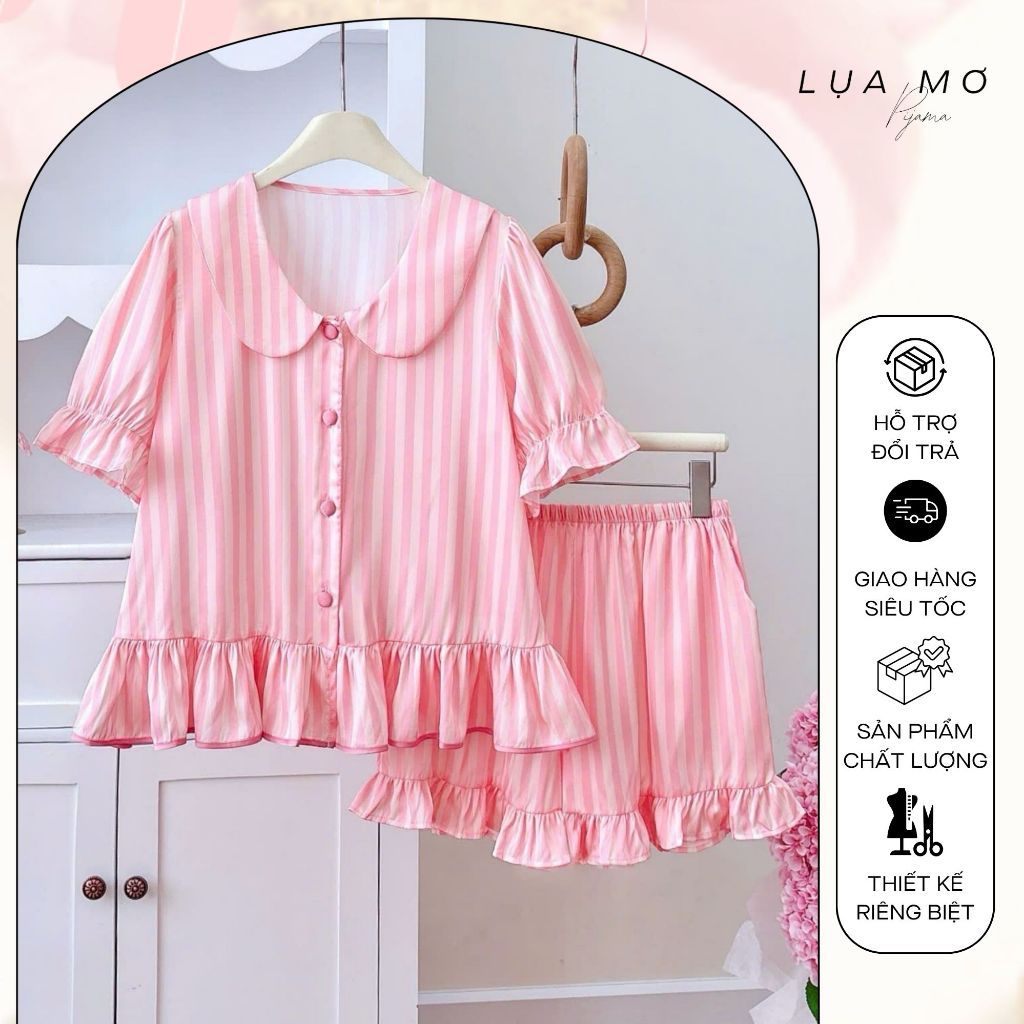 Set Pijama Đùi Tiểu Thư Cổ Sen Phối Bèo Họa Tiết Cúc Bọc Lụa Vải Lụa Latin Cao Cấp - Đồ bộ Lụa Mơ LM320