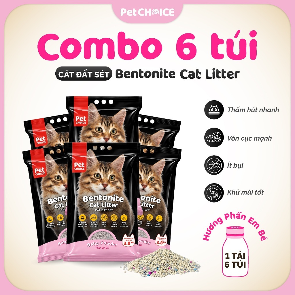 COMBO tải 6 túi CÁT ĐẤT SÉT cho mèo PetChoice, cát vệ sinh cho mèo khử mùi, ít bụi, siêu vón cục 3.8kg CÁT ĐẤT SÉT