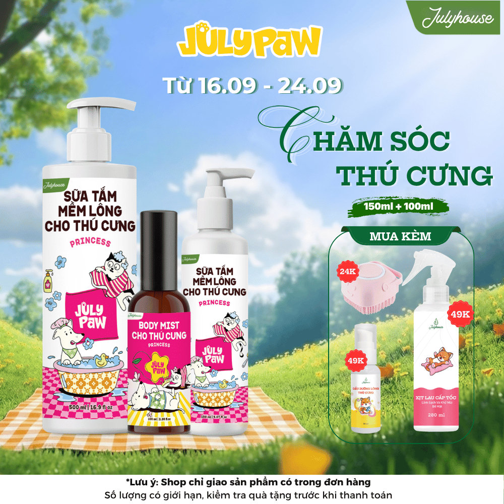 Combo Sữa tắm khử mùi lưu hương chó mèo JulyPaw 150ml/500ml và Xịt thơm dưỡng lông bodymist cho chó mèo 100ml