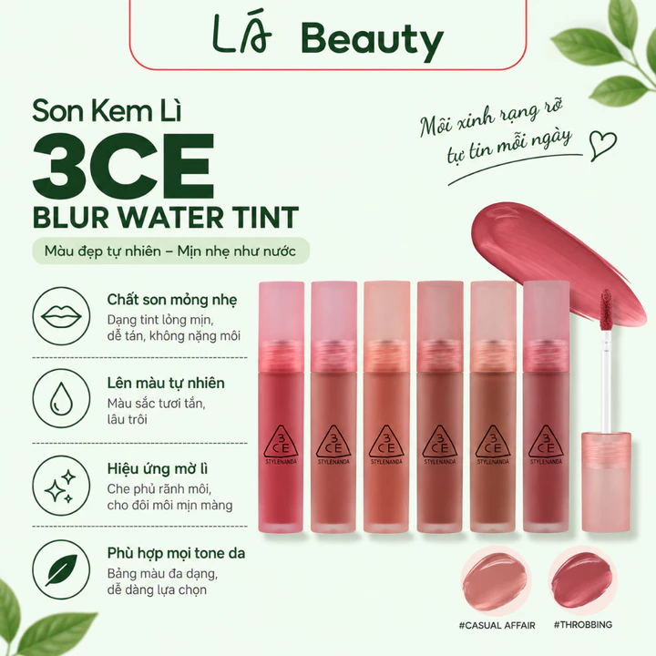 Son Kem Lì 3CE Blur Water Tint 4.6g Son Tint Lì Mịn, Màu Chuẩn Hàn Quốc, Nhẹ Môi LÁ Beauty