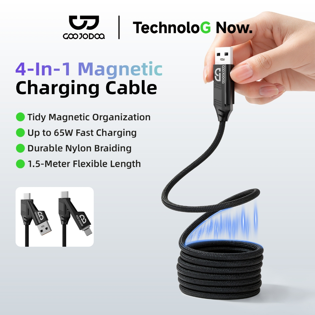 Cáp Sạc Nhanh 65W GOOJODOQ Thiết Kế Từ Tính Chống Rối, 4 Trong 1 Đa Thiết Bị, Dây Nylon Bện Bền Bỉ