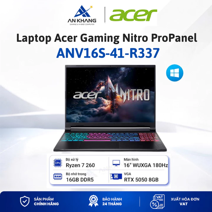 Laptop Acer Gaming Nitro ProPanel ANV16S-41-R337( R7 260, 16GD5, 1TGSSD, 16FHD+180, W11, 8GD7, RTX5050, ĐEN) BH 24 tháng