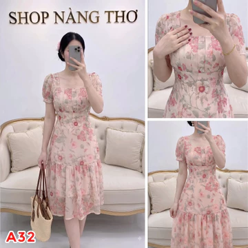 Váy Lụa Tơ, Váy Dự Tiệc, Váy Cổ Vuông, Xếp Ly Ngực, Váy Chữ A 2 Tầng - A32