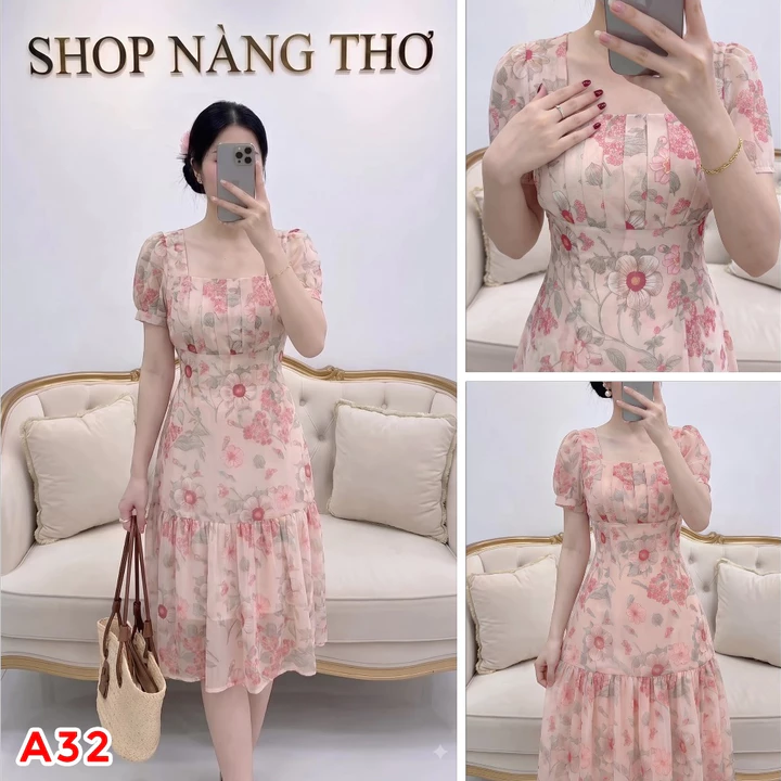 Váy Lụa Tơ, Váy Dự Tiệc, Váy Cổ Vuông, Xếp Ly Ngực, Váy Chữ A 2 Tầng - A32