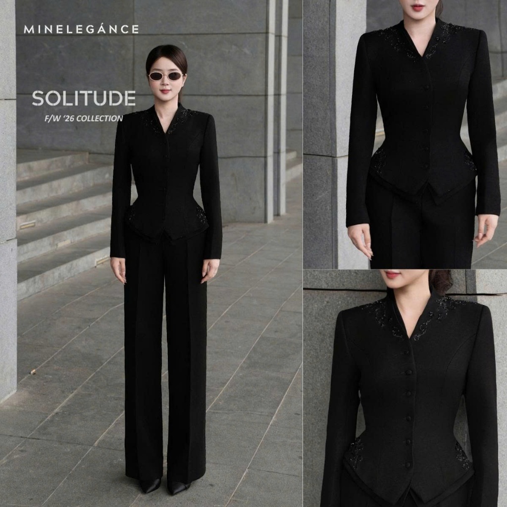 MINELEGÁNCE | SET ÁO VEST ĐÍNH ĐÁ & QUẦN ỐNG ĐỨNG CÔNG SỞ, SANG TRỌNG - MIN74