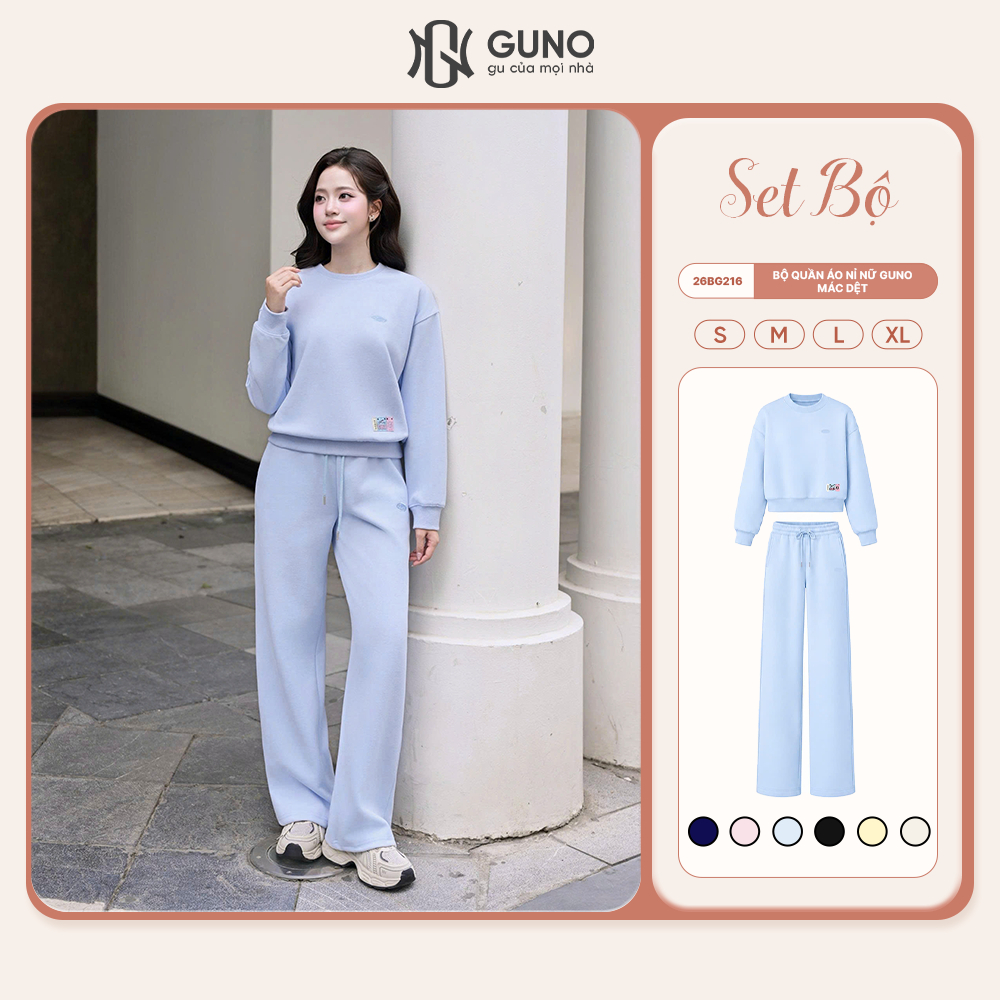 Bộ Quần Áo Nỉ Nữ GUNO Cổ Tròn Mác Dệt Kèm Quần Suông Hack Dáng Set Bộ Thu Đông Cao Cấp 26BG216