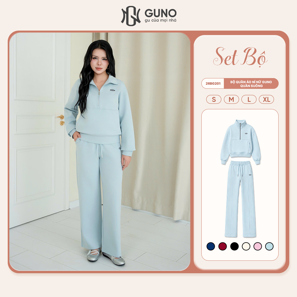 Bộ Quần Áo Nỉ Nữ GUNO Cổ Polo Kéo Khoá Kèm Quần Suông Hack Dáng Logo Thêu Thời Trang Cao Cấp 26BG201