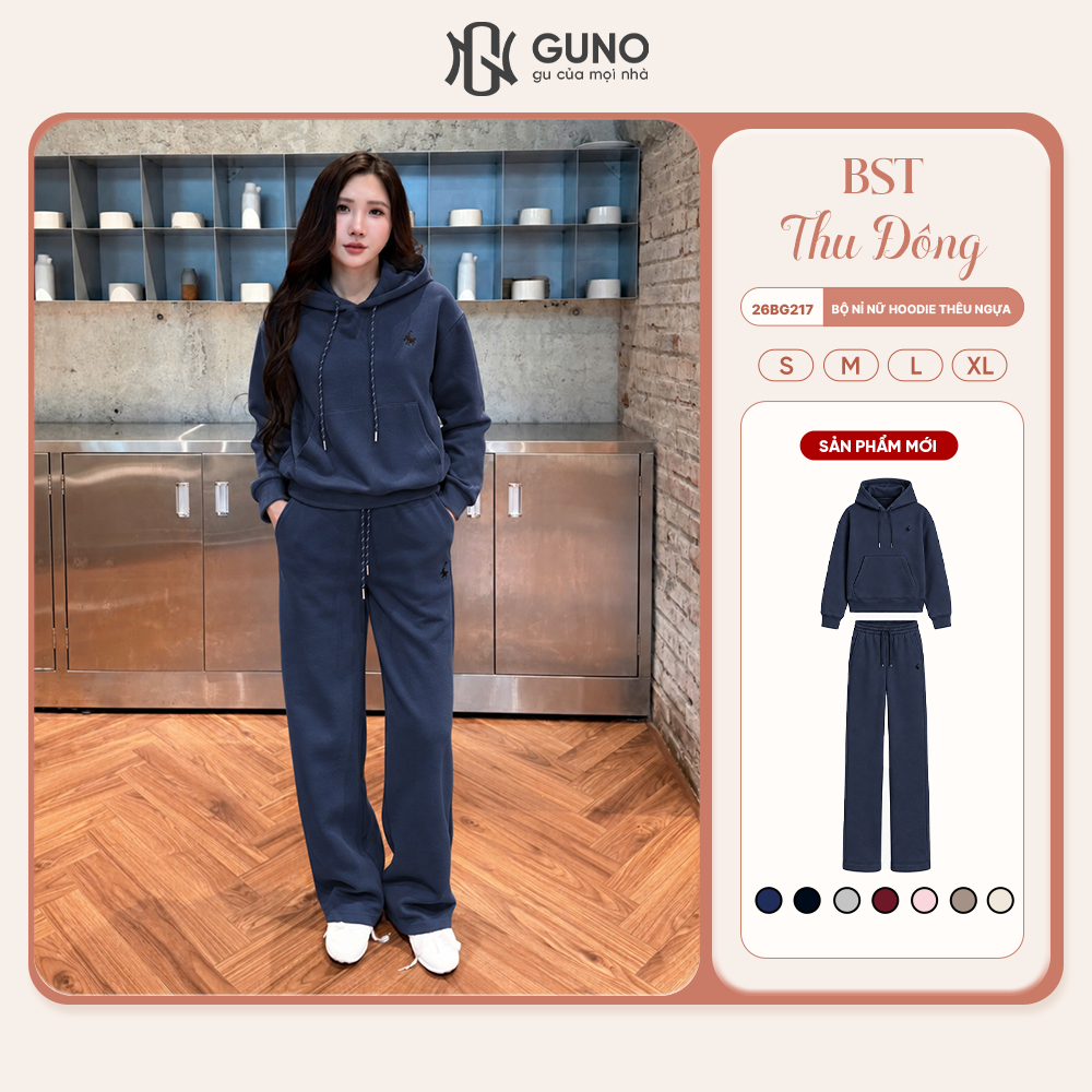 Bộ Quần Áo Nỉ Hoodie Nữ GUNO Nỉ Hai Da Dày Dặn Có Mũ Thêu Ngựa Kèm Quần Ống Suông Thời Trang 26BG217