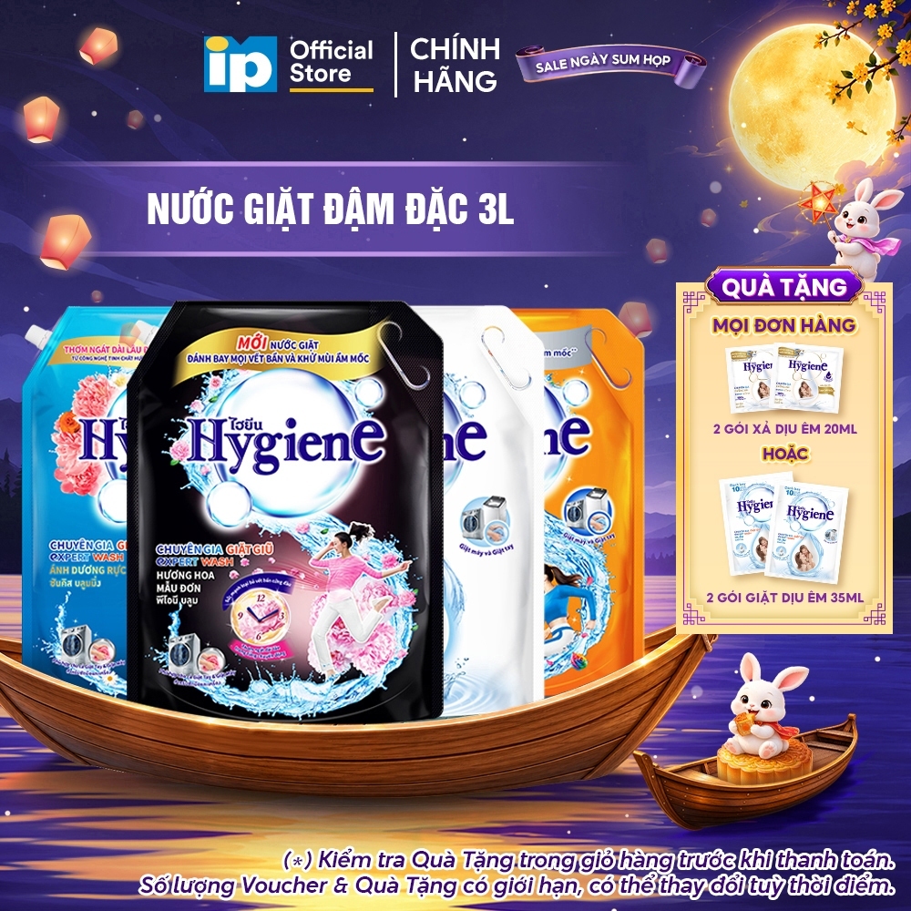 Nước Giặt Đậm Đặc Hygiene 3L (Dịu Êm/ Ánh Dương Hạnh Phúc/ Hoa Mẫu Đơn/ Ánh Dương Rực Rỡ)