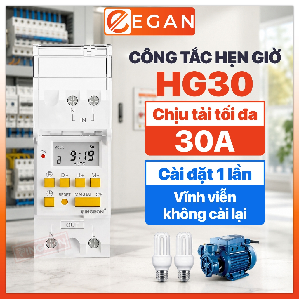 Công tắc hẹn giờ PINGRON HG30 220V 30A, timer hẹn giờ bật tắt điện tự động, bộ hẹn giờ điện tử cho thiết bị điện