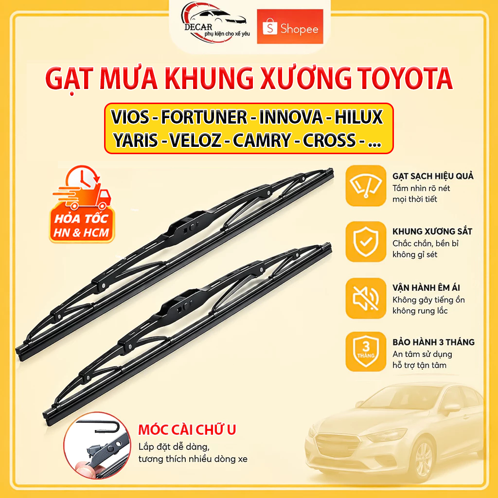 Gạt mưa ô tô Toyota Camry, Altis , Vios, Fortuner, Innova, Prando, Zace, gạt mưa oto xe hơi khung sắt lưỡi silicon