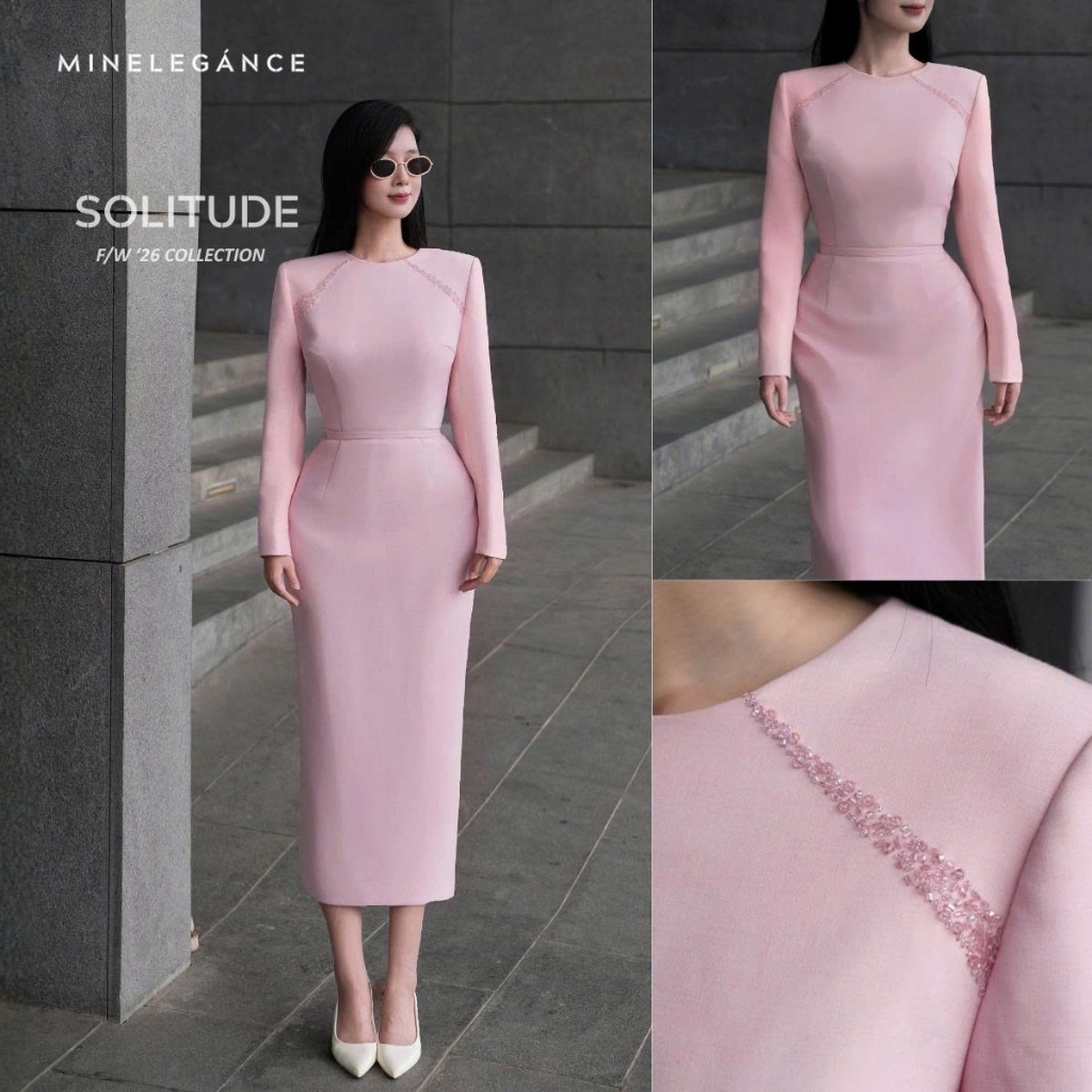 MINELEGÁNCE | VÁY CỔ TRÒN ĐÍNH ĐÁ DÁNG DÀI, SANG TRỌNG, THANH LỊCH - MIN177