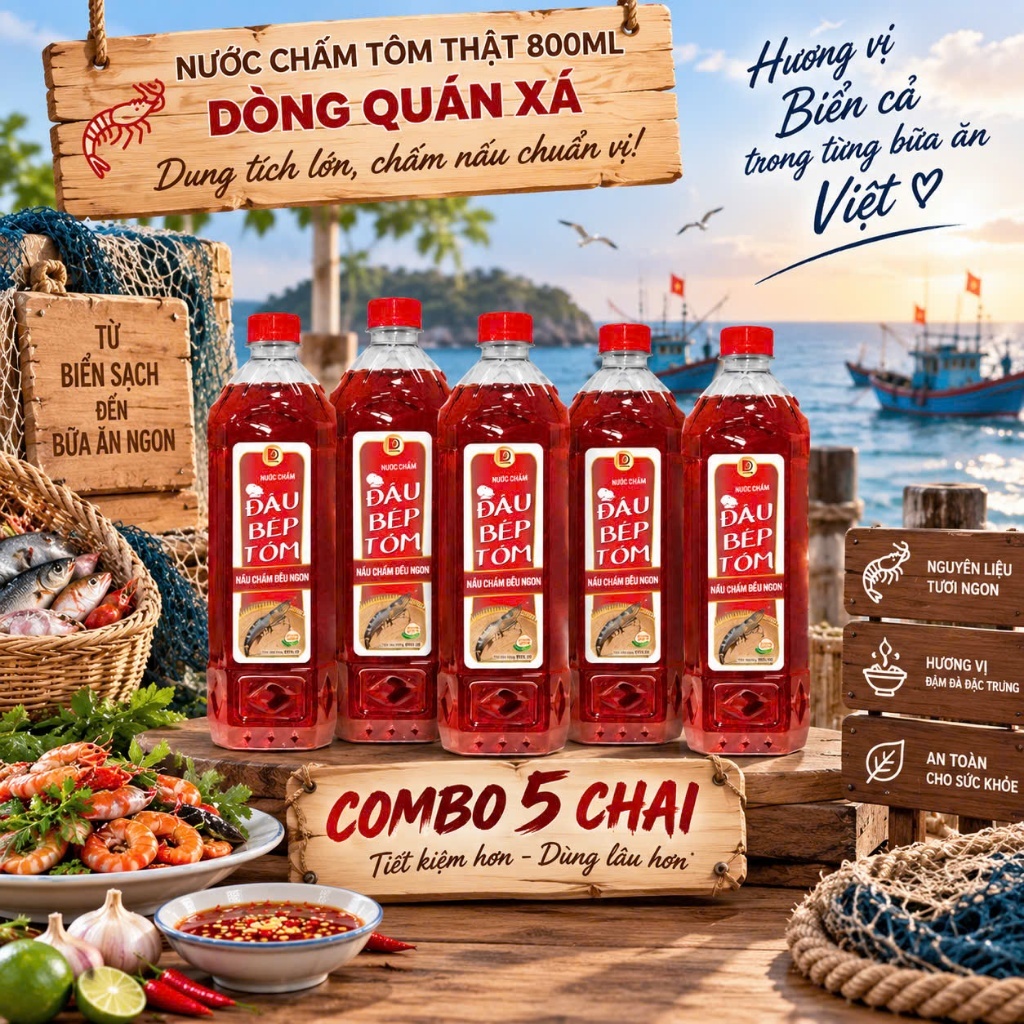 Thùng 5 chai nước chấm tôm đầu bếp 800ml - Nước mắm Đầu Bếp Tôm