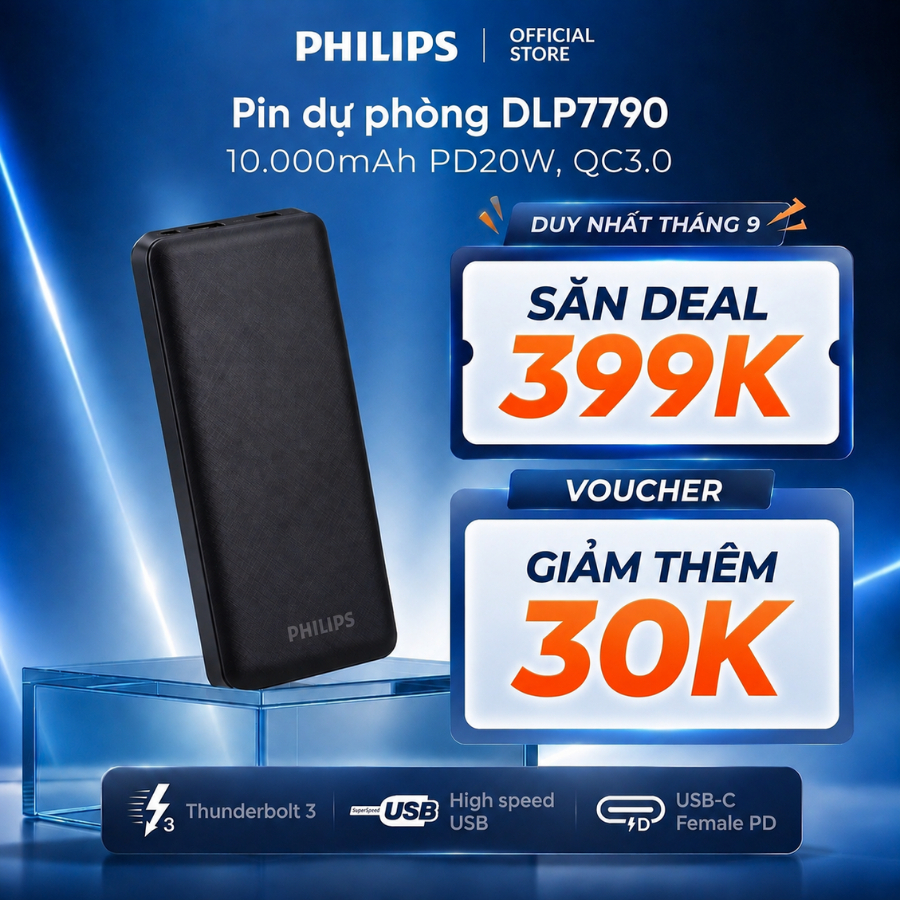 Pin dự phòng Philips DLP7790 Chính Hãng 10.000mAh PD20W/ QC3.0 sạc nhanh 20W USB-A/Type C
