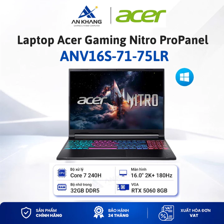 Laptop Acer Gaming Nitro ProPanel ANV16S-71-75LR( i7 240H, 32GD5, 512GSSD, 16"2K180, W11, 8GD7_RTX5060, ĐEN) BH 24 tháng