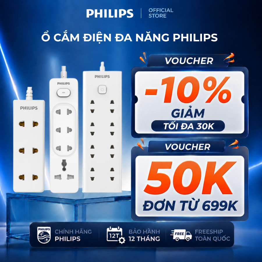 Ổ cắm điện Philips công suất 2500W, nhựa ABS cao cấp, chóng cháy, lỗ cắm chắc chắn, an toàn, chất lượng, dây dài 2-3m