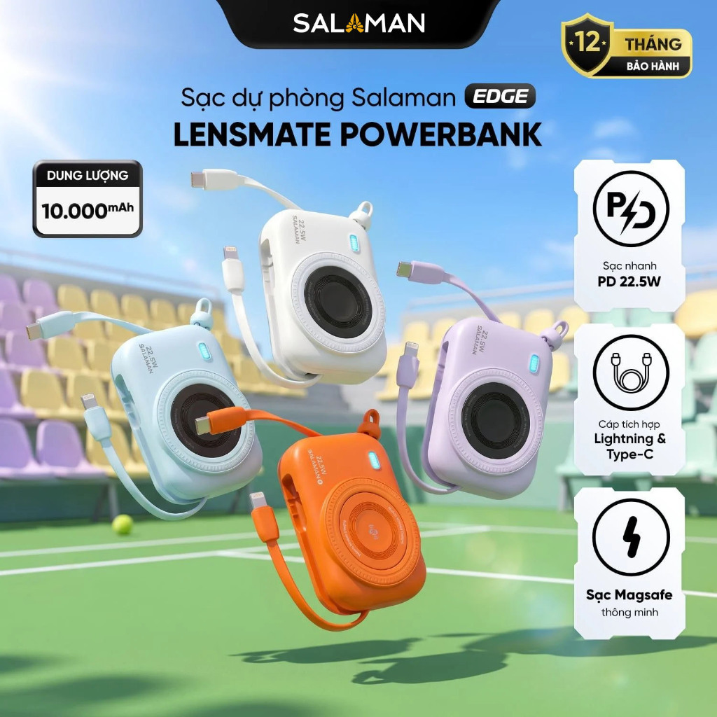 Sạc dự phòng Salaman Lensmate 10000mAh PD 22.5W, Sạc ko dây, Tích hợp 2 dây TypeC + IP, BH12 tháng