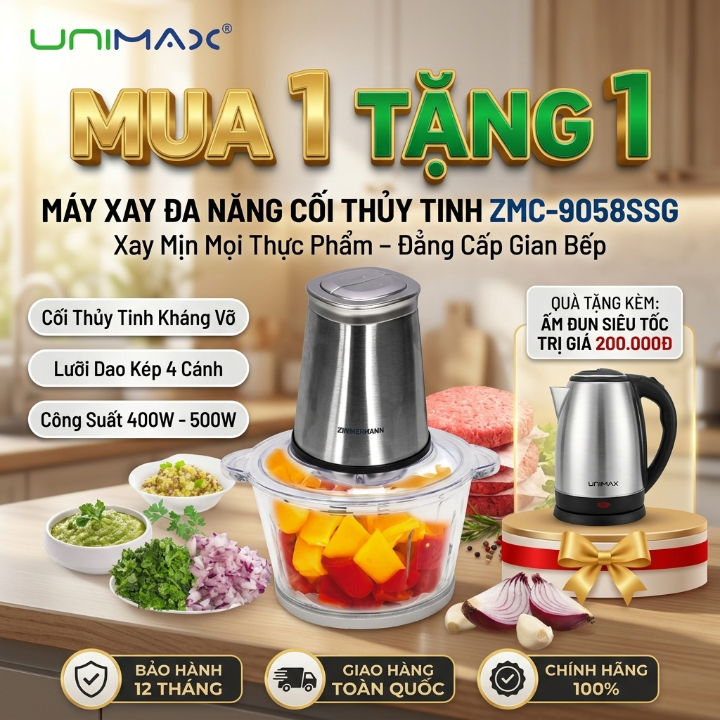 Máy Xay Thịt Đa Năng Unimax ZMC-9058SSG Dung Tích 2L Cối Thủy Tinh Dày Dặn Xay Rau Củ Quả Cua Cá Cho Gia Đình