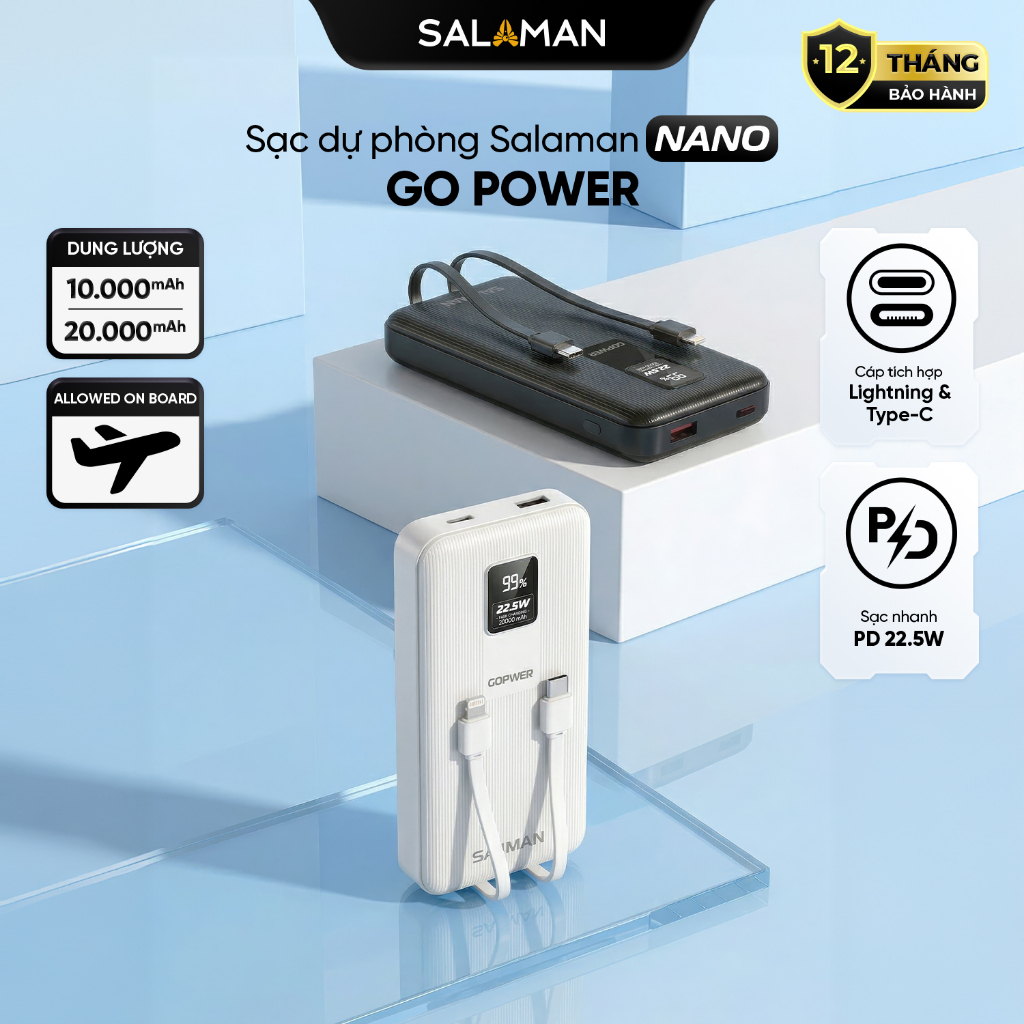 Sạc dự phòng Salaman Lensmate 10000mAh PD 22.5W, Sạc ko dây, Tích hợp 2 dây TypeC + IP, BH12 tháng – ảnh mô tả chi tiết 2