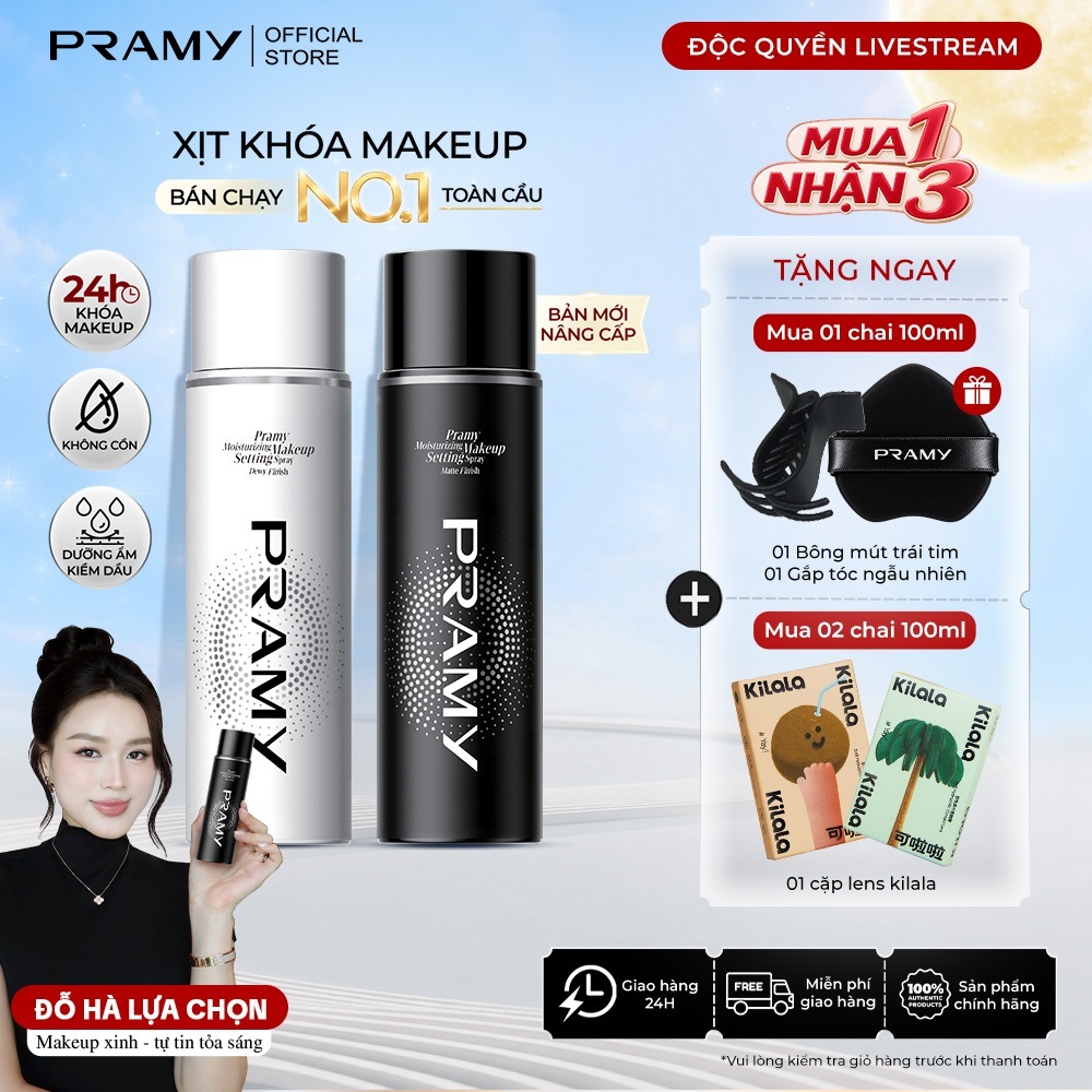 [ĐỘC QUYỀN LIVE] PRAMY Xịt Khoá Nền Trang Điểm, Dưỡng Ẩm, Kiềm Dầu, Lâu Trôi, Dưỡng Ẩm, Không Chứa Cồn 100ML