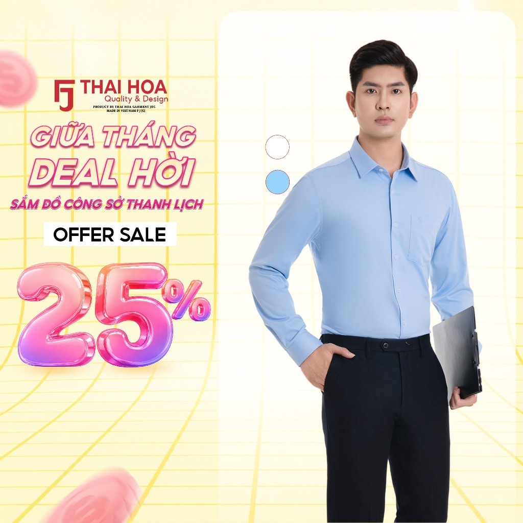 Áo sơ mi dài tay nam Thái Hoà 993 chất liệu sợi tre trơn thiết kế công sở hai màu xanh trắng | BigBuy360 - bigbuy360.vn