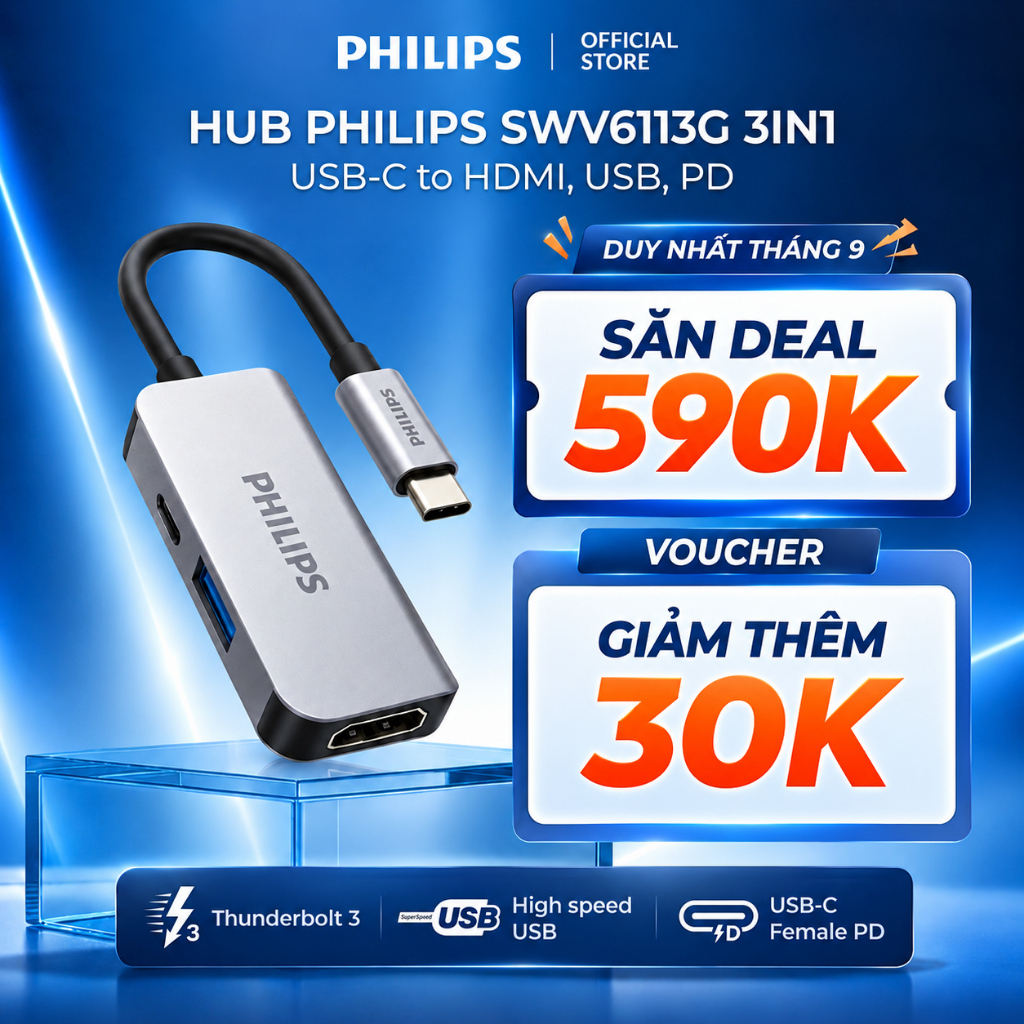 Bộ Hub chuyển đổi Philips đa cổng USB Type C (Thunderbolt 3) to HDMI + USB-A + USB-C (PD) SWV6113/5G