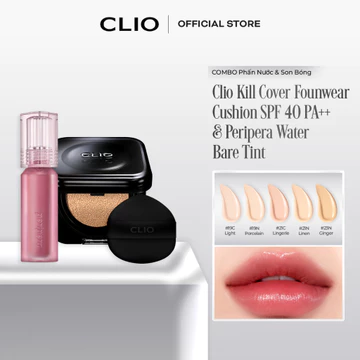 COMBO Phấn Nước Clio Kill Cover Founwear Cushion SPF 40, PA++ & Son Bóng Peripera Water Bare Tint