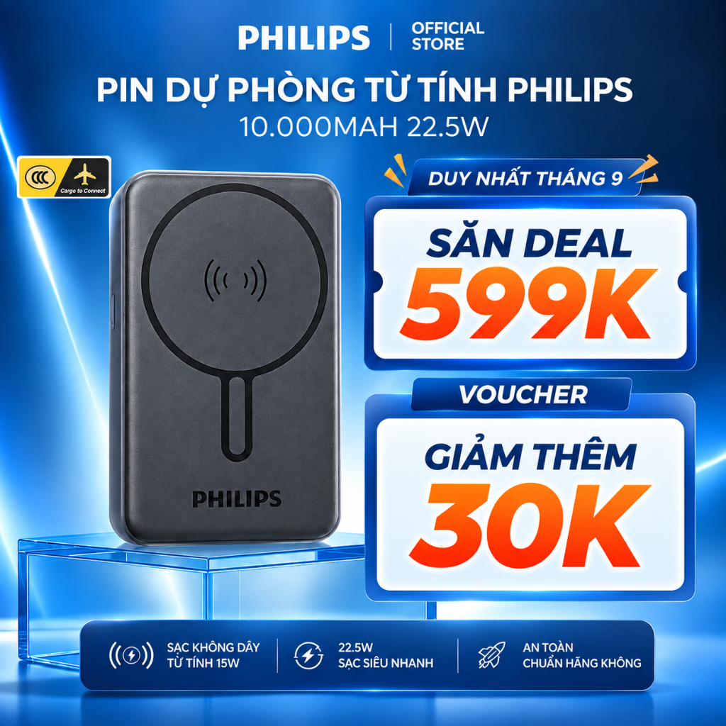 [Chứng Nhận CCC] Pin Sạc Dự Phòng Từ Tính Philips DLP6759 10.000mAh 22.5W, có 3C, mang lên máy bay