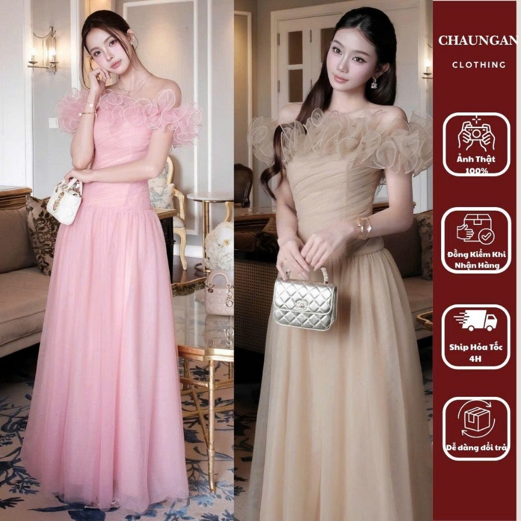 Đầm Dạ Hội Trễ Vai Bèo Tơ Bồng Bềnh Dáng Dài CHUẨN TRÂN ALI
