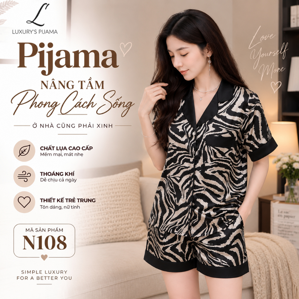 Đồ bộ LUXURY PIJAMA lụa latin cao cấp, mềm mịn sang trọng bộ ngắn họa tiết vằn N108