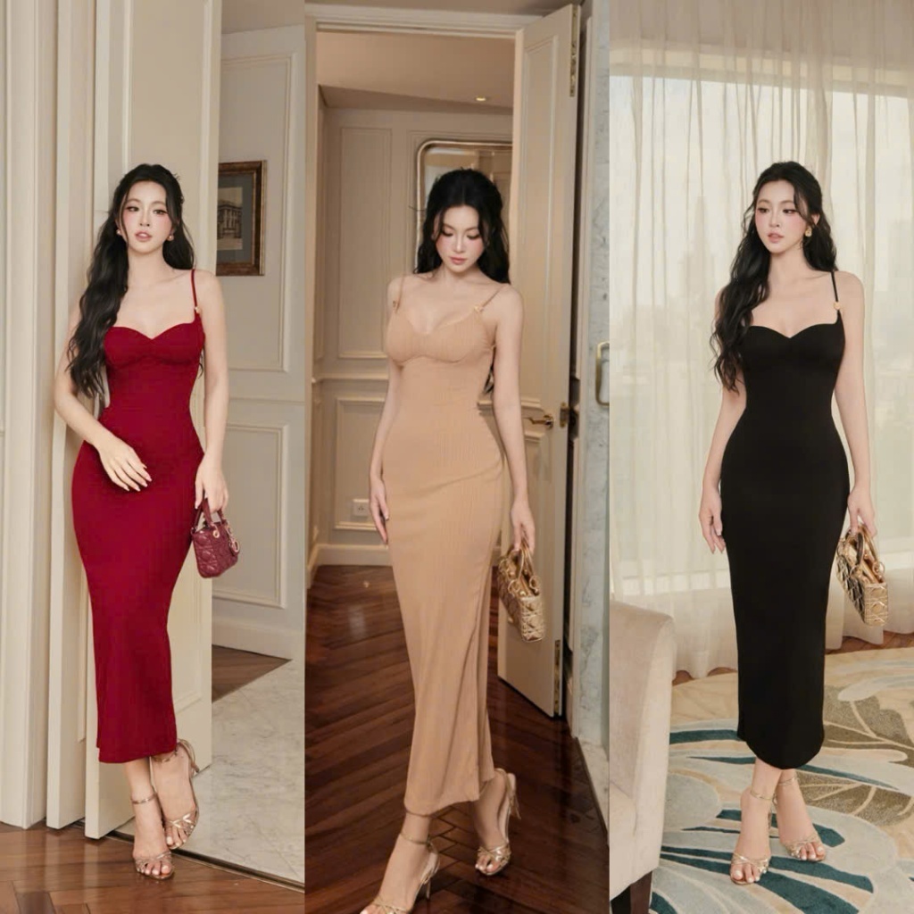 Đầm Thun Hai Dây Ôm Body Tôn Dáng Đính Charm Sang Trọng