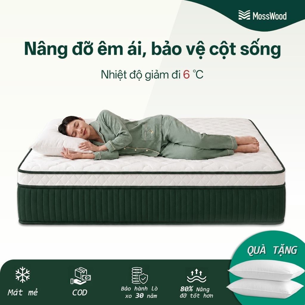 Nệm Lò Xo Túi Độc Lập MOSSWOOD Mát Lạnh - Vải Ice-Silk & Gel Foam Thoáng Khí 25cm