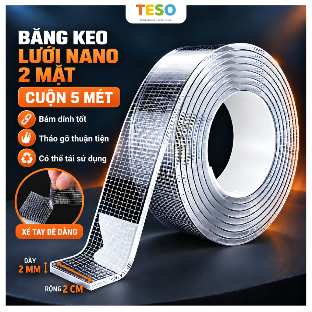 (5 MÉT) Cuộn Băng Keo Lưới Nano 2 Mặt TESO Dán Tường Treo Đồ, Băng Dính Nano Trong Suốt Chịu Lực