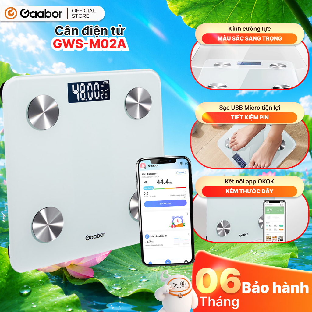 Cân sức khỏe điện tử thông minh Gaabor GWS-M02A phân tích chỉ số cơ thể có app đo cân nặng y tế