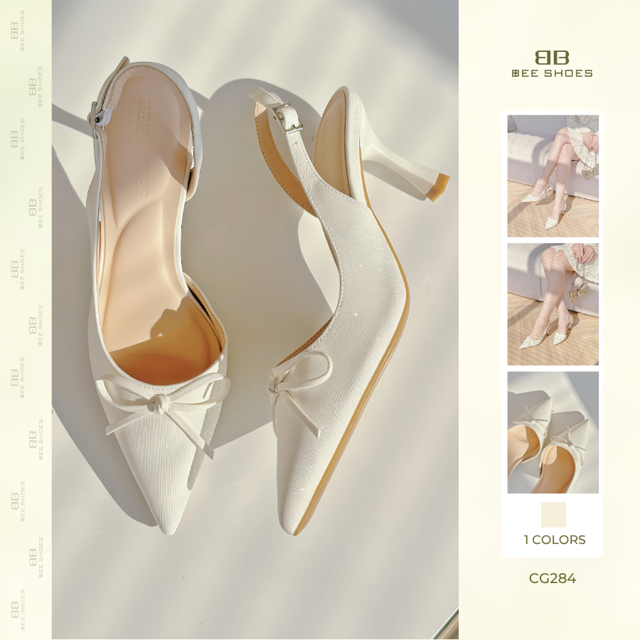 Giày cao gót nữ đính nơ BEESHOES slingback mũi nhọn, gót nhọn cao 8 phân sẵn màu trắng CG284
