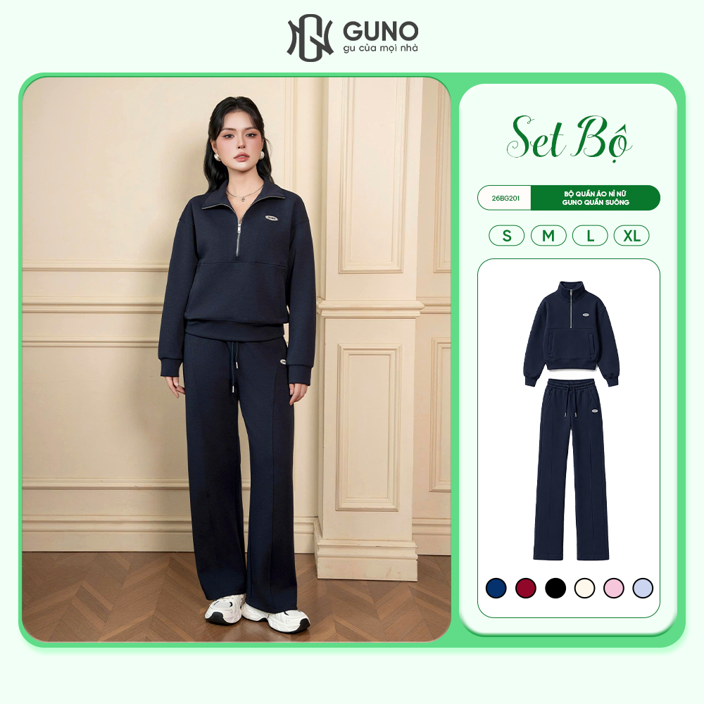 Bộ quần áo nỉ nữ GUNO Polo cổ bẻ phối khoá thanh lịch thời trang quần suông basic 26BG201