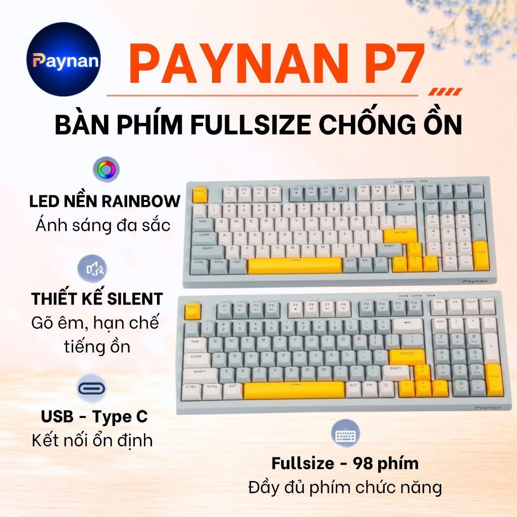 Bàn phím văn phòng P7 Paynan Navy Flow chống ồn kết nối cáp rời 98 phím đèn led rainbow keycap navy xám trắng | BigBuy360 - bigbuy360.vn