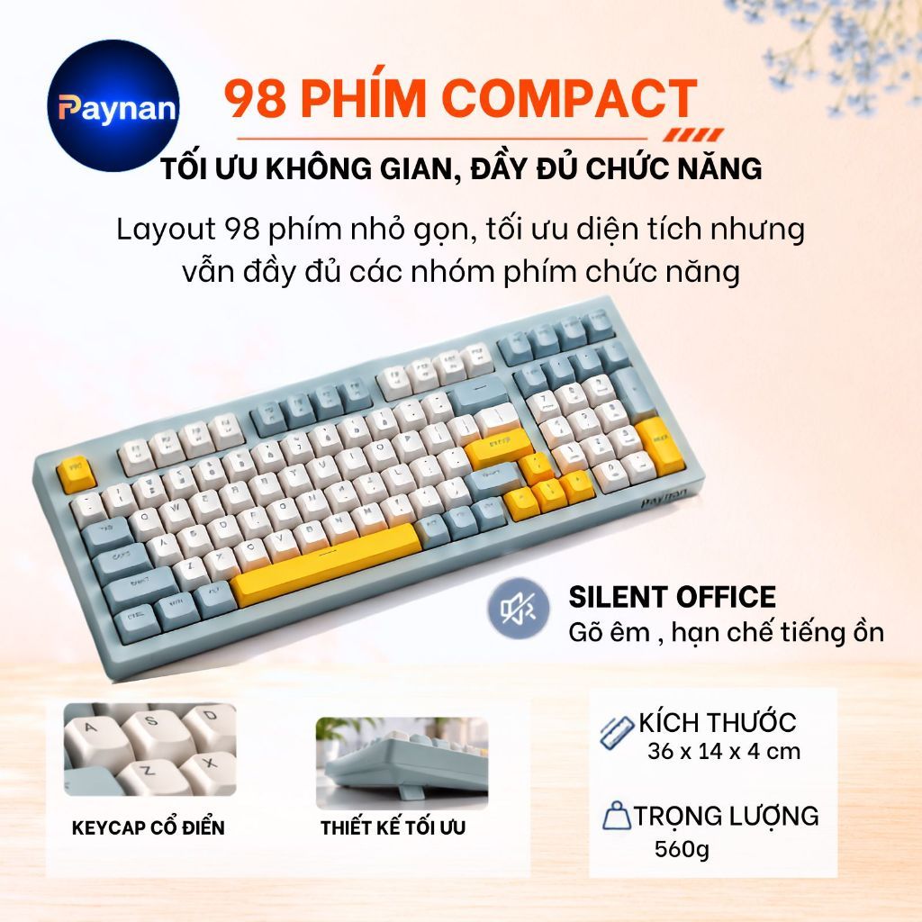 Bàn phím văn phòng P7 Paynan Navy Flow chống ồn kết nối cáp rời 98 phím đèn led rainbow keycap navy xám trắng | BigBuy360 - bigbuy360.vn