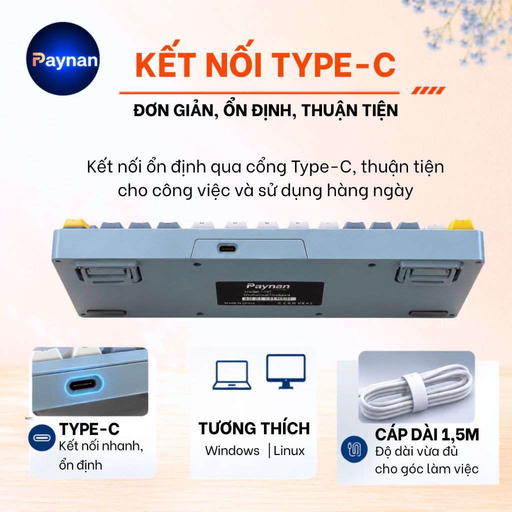 Bàn phím văn phòng P7 Paynan Navy Flow chống ồn kết nối cáp rời 98 phím đèn led rainbow keycap navy xám trắng | BigBuy360 - bigbuy360.vn