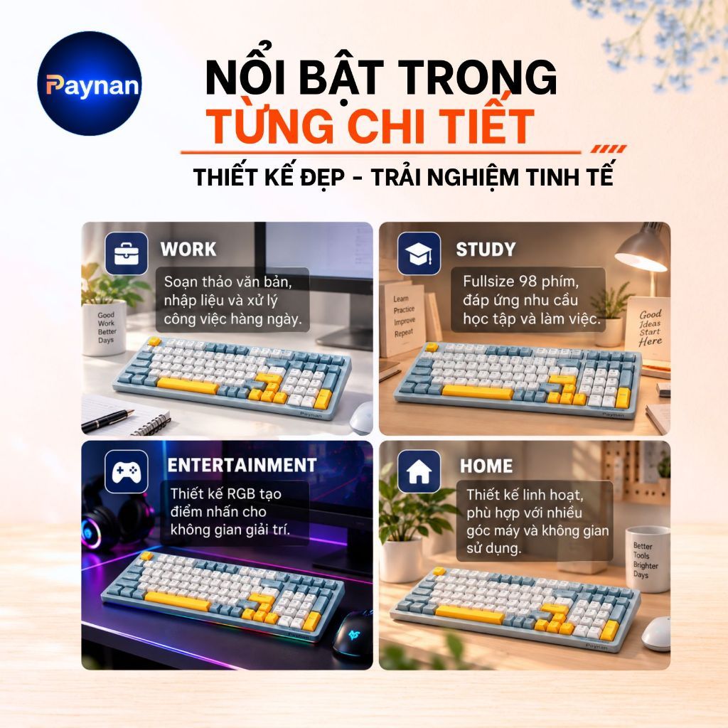Bàn phím văn phòng P7 Paynan Navy Flow chống ồn kết nối cáp rời 98 phím đèn led rainbow keycap navy xám trắng | BigBuy360 - bigbuy360.vn