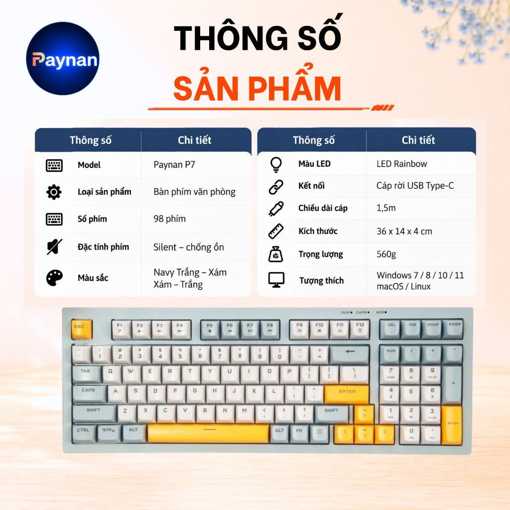 Bàn phím văn phòng P7 Paynan Navy Flow chống ồn kết nối cáp rời 98 phím đèn led rainbow keycap navy xám trắng | BigBuy360 - bigbuy360.vn