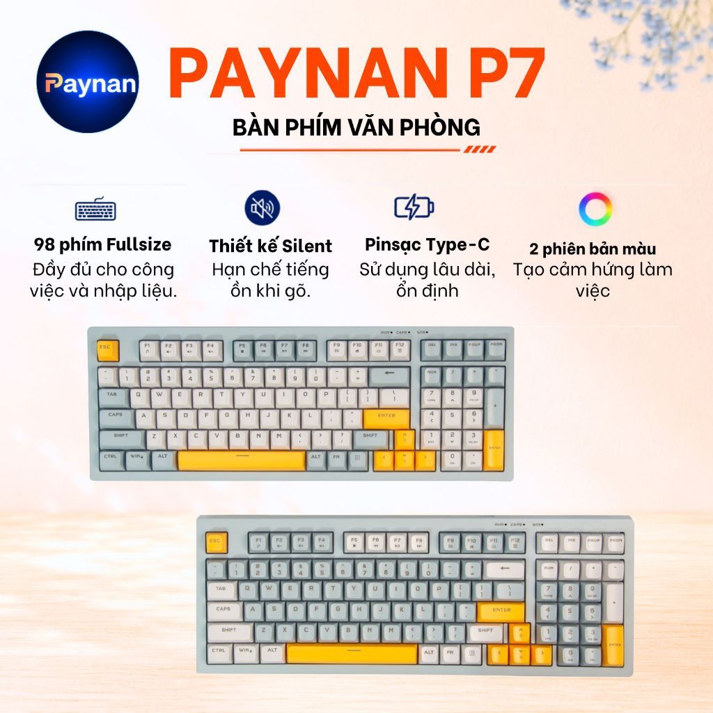 Bàn phím văn phòng P7 Paynan Navy Flow chống ồn kết nối cáp rời 98 phím đèn led rainbow keycap navy xám trắng | BigBuy360 - bigbuy360.vn
