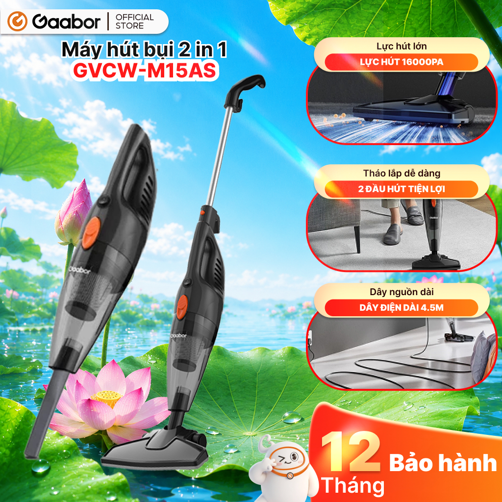 Máy hút bụi cầm tay Gaabor GVCW-M15AS có dây 2in1 lực hút 16000PA tháo lắp tiện lợi gọn dây 4.5m