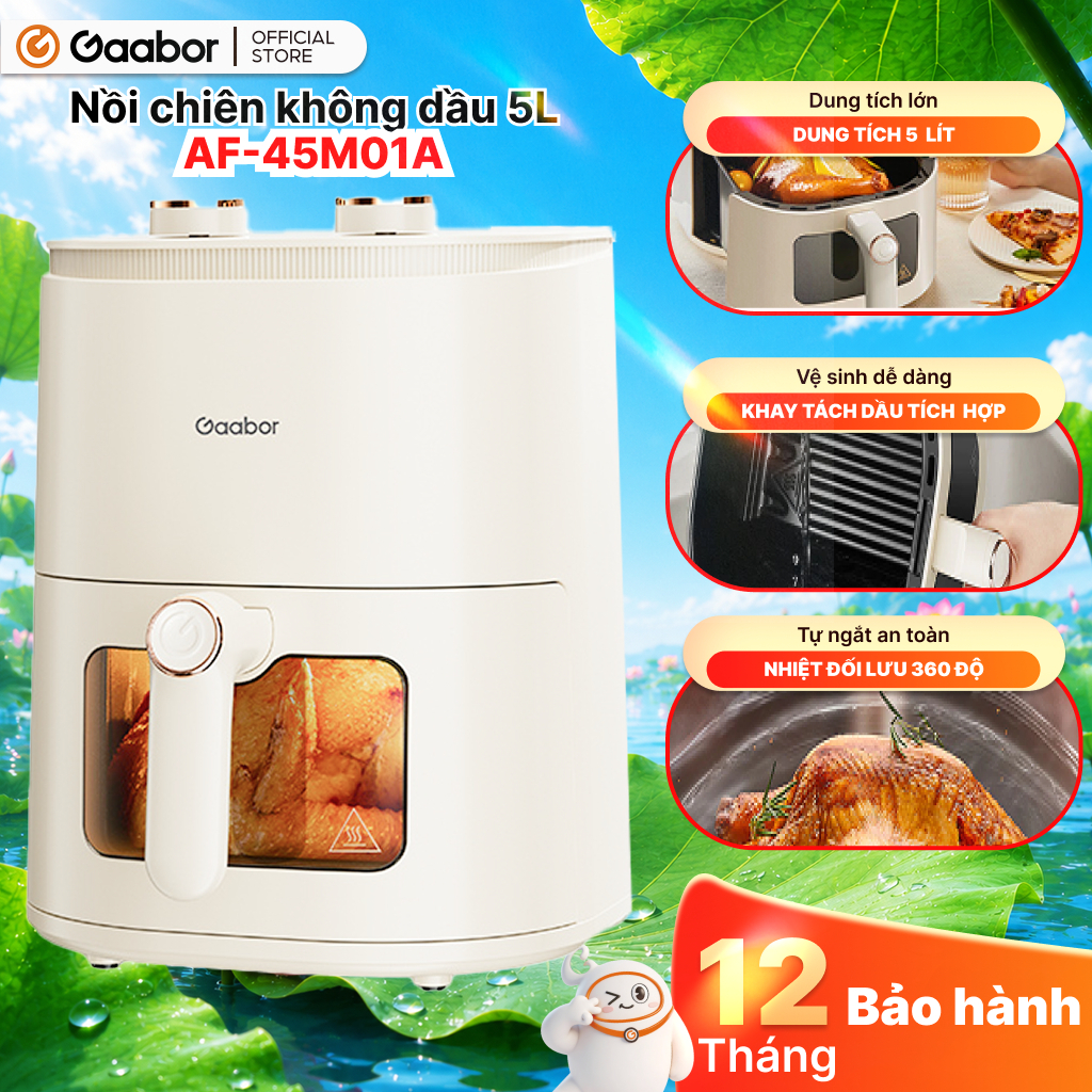 Nồi chiên không dầu 5L Gaabor AF-45M01A nút cơ thế hệ mới cửa kính trong suốt núm đôi tuần hoàn khí