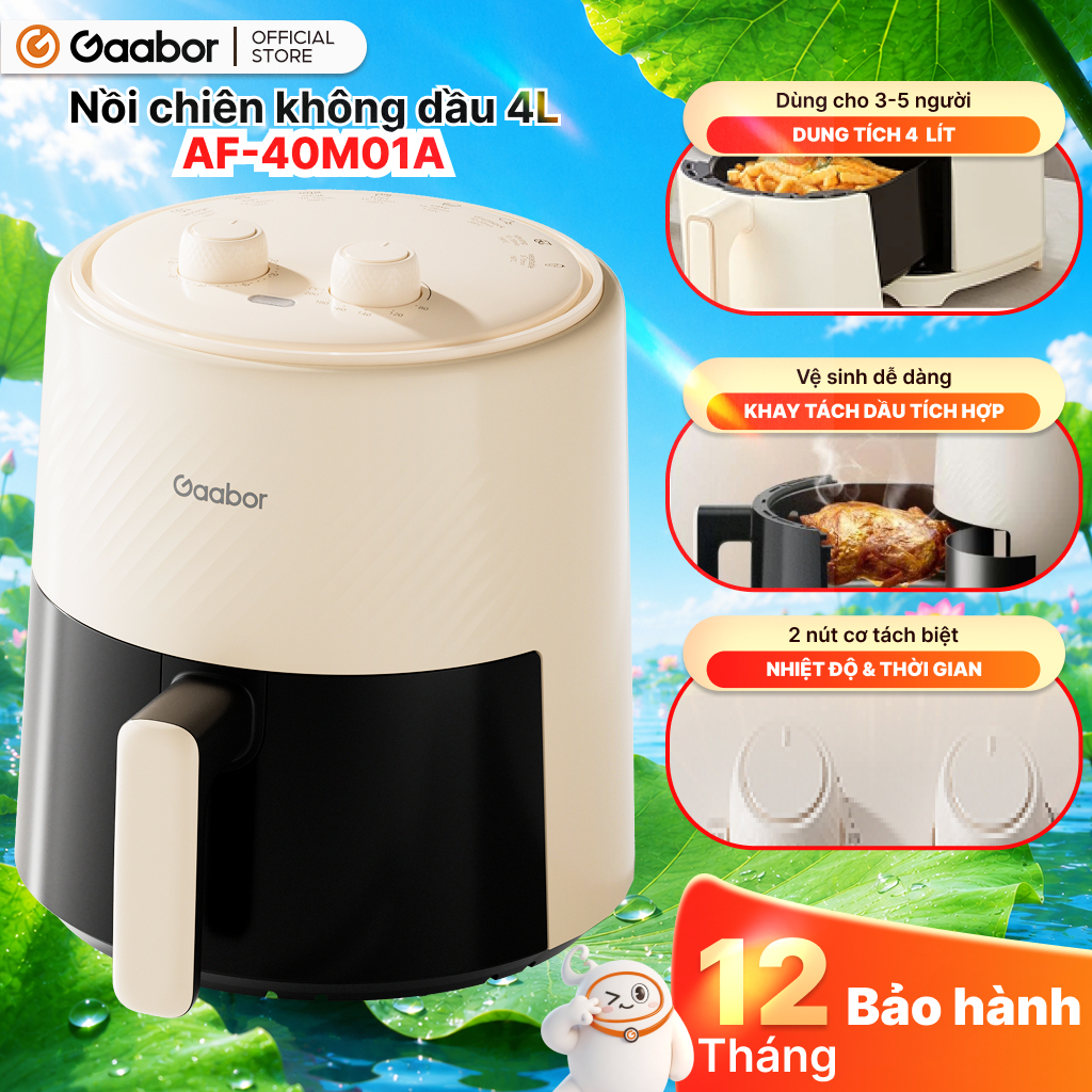 Nồi chiên không dầu 4L Gaabor AF-40M01A 1300W chống dính khí nóng đối lưu dễ sử dụng một núm xoay