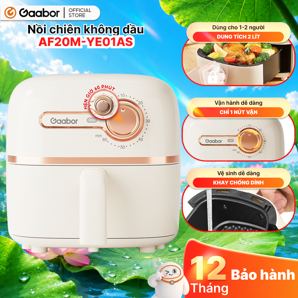 Nồi chiên không dầu mini 2L Gaabor AF20M-YE01S công suất 900W nóng nhanh nhỏ gọn giá rẻ văn phòng nhà trọ