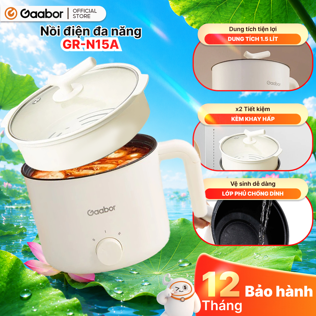 Nồi điện đa năng Gaabor GR-N15A lẩu điện 1.5L chống dính công suất 600W ăn mì nấu lẩu kèm xửng hấp