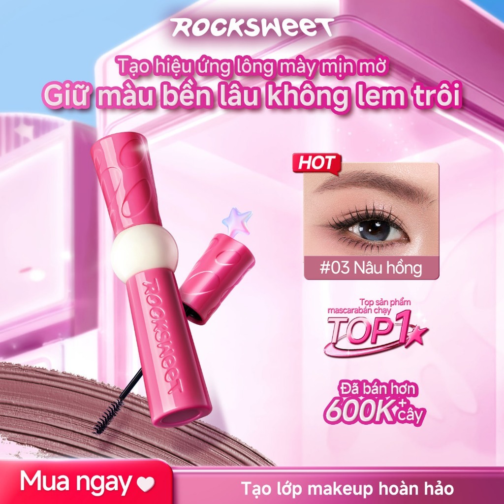 ROCKSWEET Mascara Lông Mày 2.0–Họa Tiết Mờ Nhung Cho Lông Mày Trông Tự Nhiên, Chống Mồ Hôi, Chống Thấm Nước, Chống Nhòe