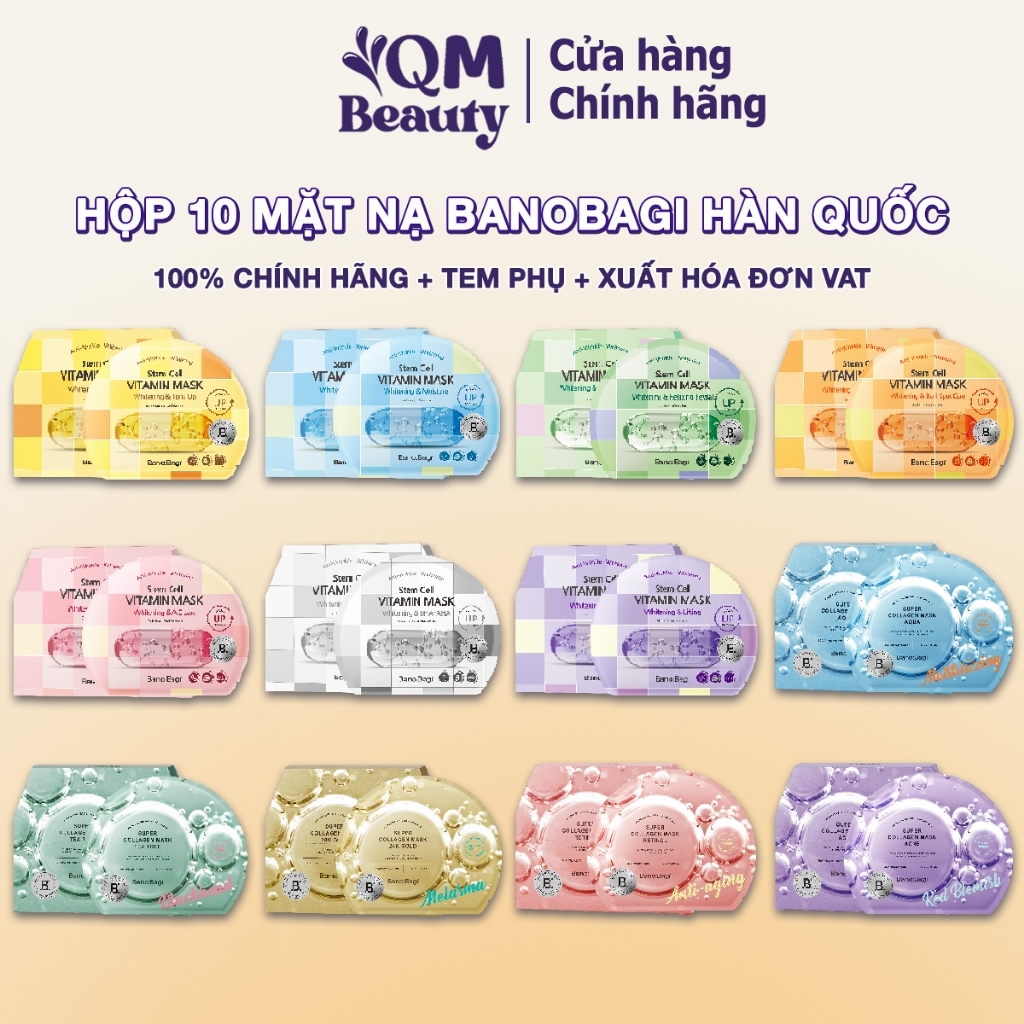 Combo 10 mặt nạ Banobagi Super Collagen, Stem Cell Mask Hàn Quốc, cấp ẩm dưỡng sáng chống lão hóa da